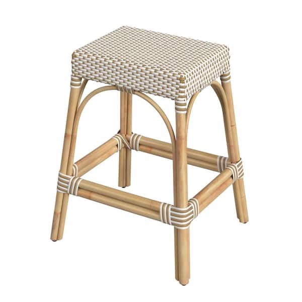 Butler Specialty Company Robias 24.5 in. White and Tan Dot Backless Rectangular Rattan Counter Stool (Qty 1)