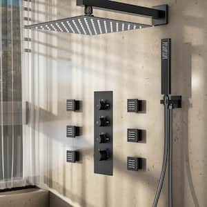 7-Spray Patterns Thermostatic 12 in. Wall Mount Rain Dual Shower Heads with 6-Jet in Matte Black (Valve Included)