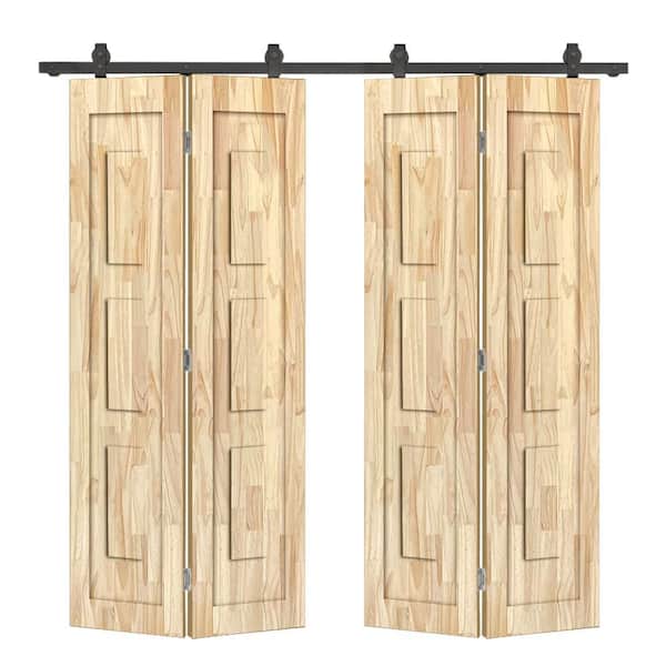 68 in. x 80 in. 3 Panel Shaker Hollow Core Unfinished Pine Wood Double Bi-fold Door with Barn Door Hardware Kit