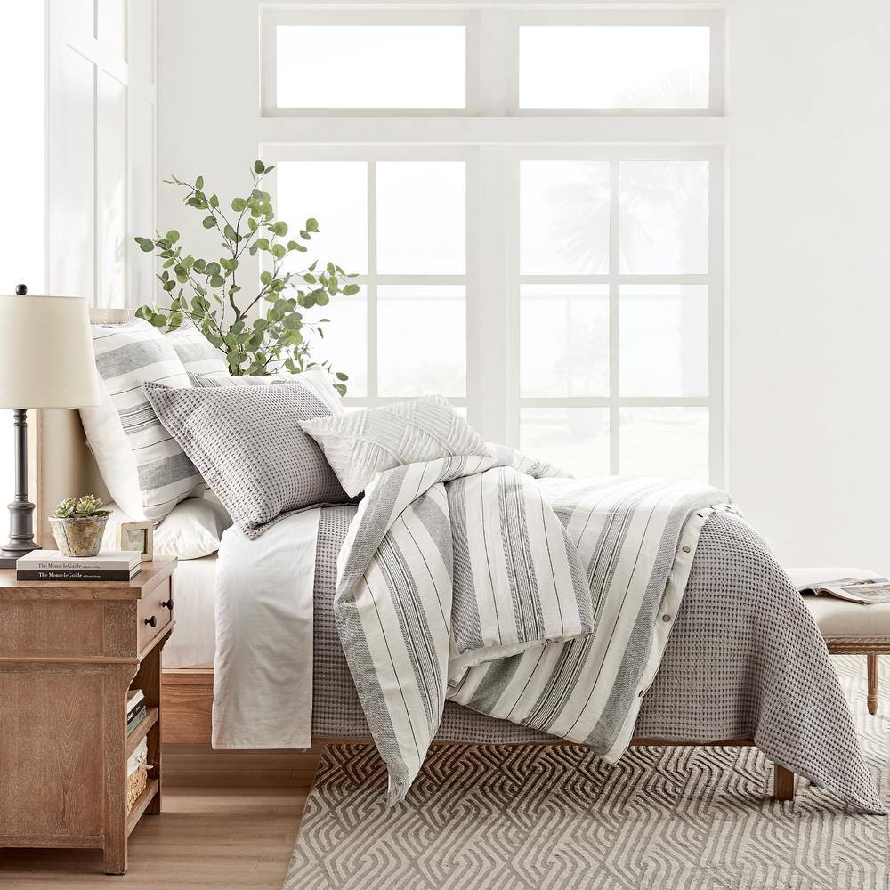 Monroe Stripe Gray and White Cotton King/Cal King Duvet Set
