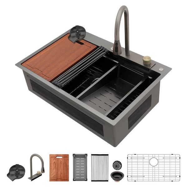 33 in. Top Mount/Drop-In Single Bowl 16-Gauge Gunmetal Black Stainless Steel Workstation Waterfall Kitchen Sink w/Faucet