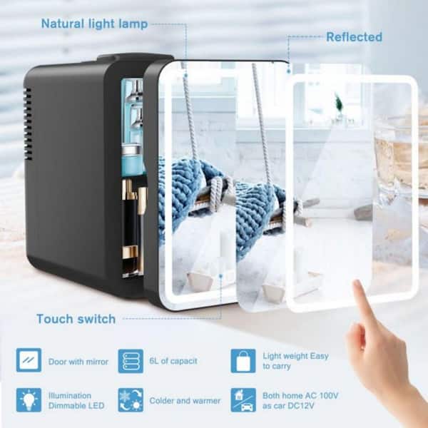 Personal Chiller LED Lighted Mini Fridge with Mirror Door Refrigerator,  White, New 
