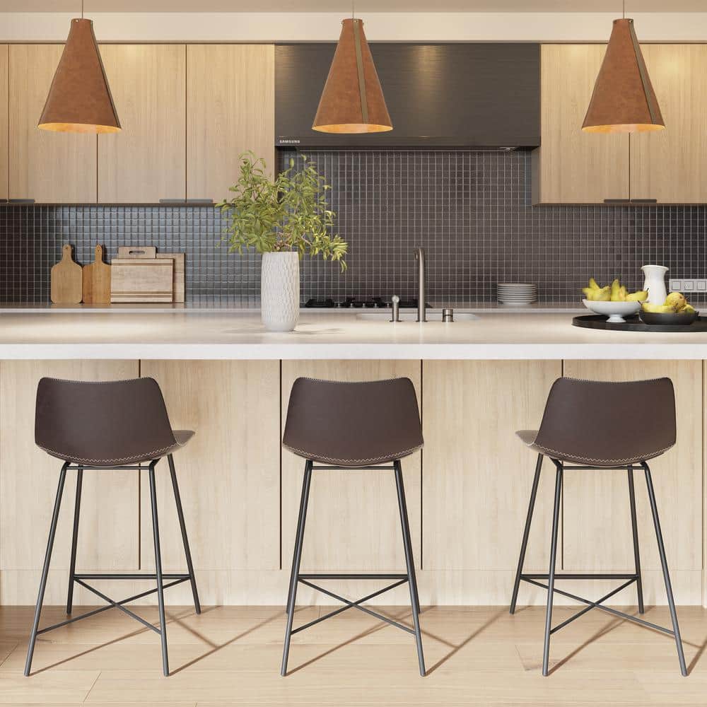 Bela 24'' Brown Faux Leather Counter Stools with Metal Legs