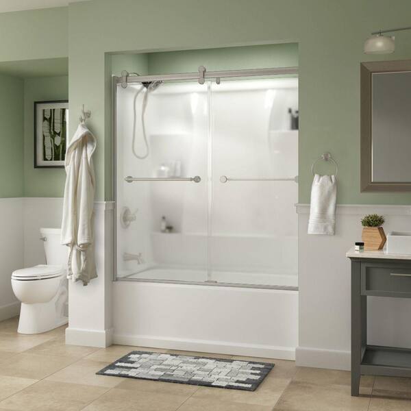 Delta Mandara 60 x 58-3/4 in. Frameless Contemporary Sliding Bathtub Door in Nickel with Niebla Glass