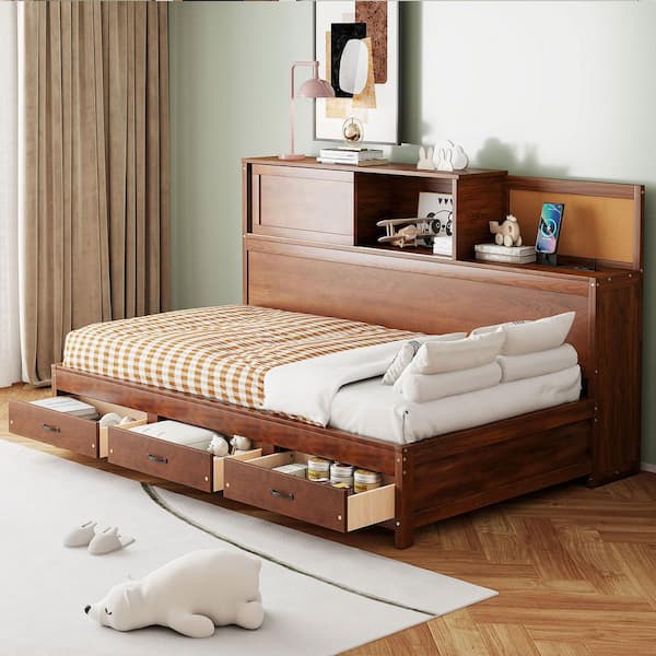 Walnut Twin Size Wood Daybed with 3-Drawers, Sockets and USB Ports