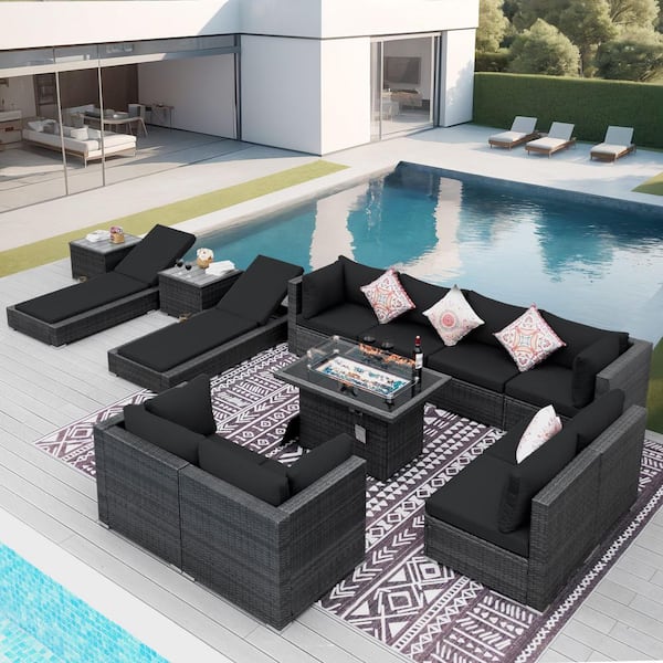 FINCATI 13-Piece Wicker Outdoor Sectional Patio Fire Pit Set Deep Seating Conversation Set with Chaise Lounge, Table, Black