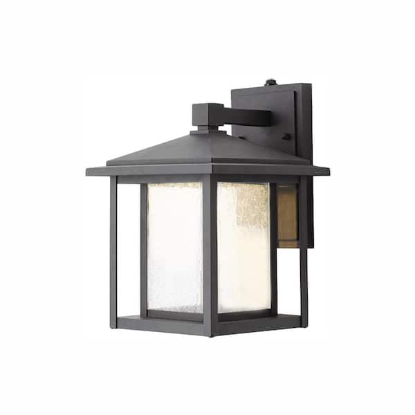 Mauvo Canyon 11 in. Black Dusk to Dawn Small LED Outdoor Wall Light Fixture Porch Sconce with Seeded Glass
