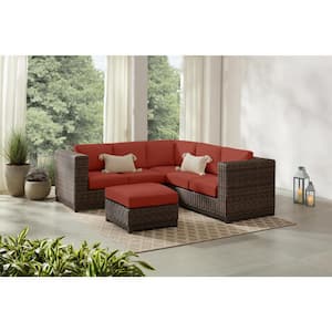 Fernlake 4-Piece Brown Wicker Outdoor Patio Sectional Sofa with Sunbrella Henna Red Cushions