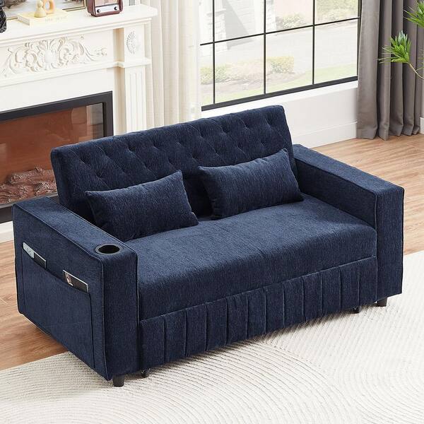 Qualler 61.4 in. Chenille 2-Seat Loveseat in Blue with Adjustable Backrest and USB Ports