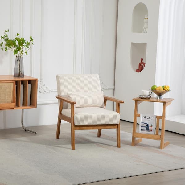 HOMEFUN Modern Beige Corduroy Accent Armchair with Wood Legs Wide Armrest and Lumbar Pillow