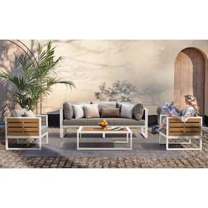 40 in. x 15 in. White Rectangle Powder-Coated Aluminum Outdoor Coffee Table with Slatted Imitation Wood Tabletop
