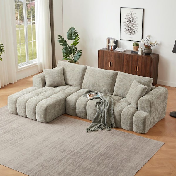 Tobias Mnimalist 108.3 in. Round Arm Chenille Upholstery L-Shaped Sectional Sofa in. Brown, Khaki