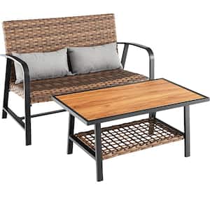 2-Pieces Wicker Outdoor Loveseat Coffee Table Set Padded Back and Seat Pillow w/Shelf