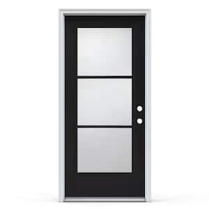 36 in. x 80 in. Left-Hand/Inswing 3 Lite Clear Glass Black Steel Prehung Front Door w/White Int Finish and Brickmould