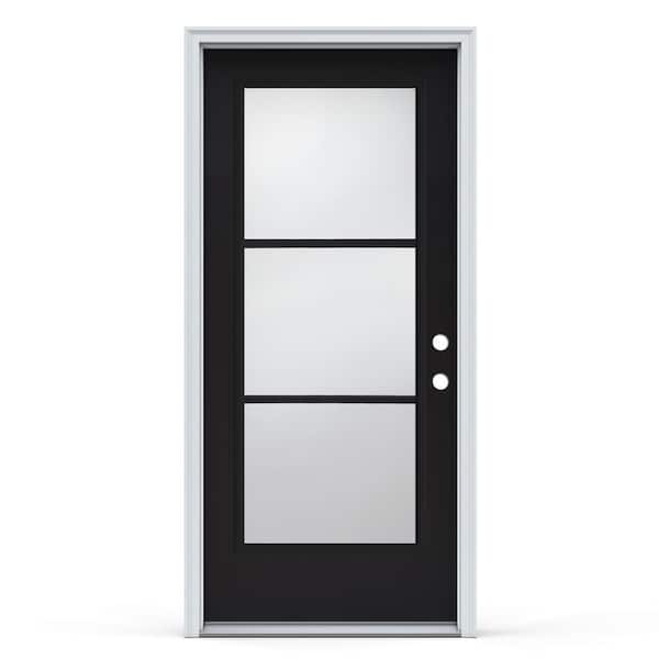 JELD-WEN 36 in. x 80 in. Left-Hand/Inswing 3 Lite Clear Glass Black Steel Prehung Front Door w/White Int Finish and Brickmould