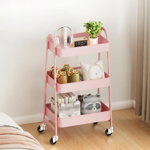 3-Tier Pink Metal Rolling Cart, Utility Storage Organizer Kitchen Trolley for Bathroom, Laundry Room, Office