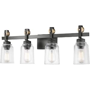 Knollwood 31-3/4 in. 4-Light Antique Bronze Industrial Vanity Light with Vintage Brass Accents and Clear Glass Shades