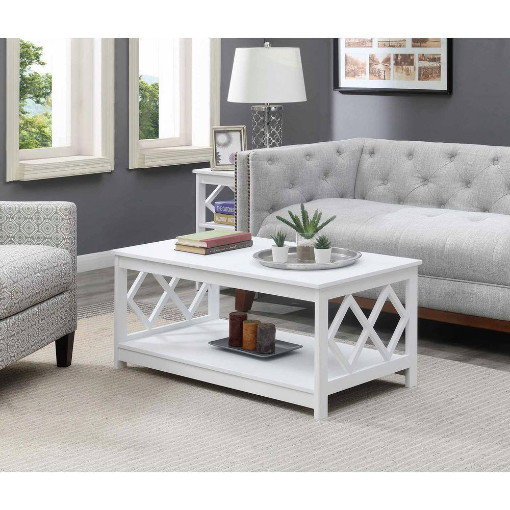 White 40" Diamond Cut-Out Wood Coffee Table with Shelf