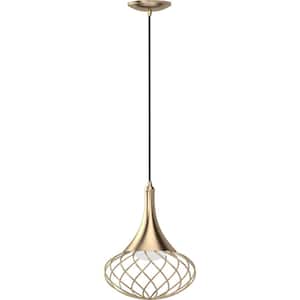 1-Light Integrated LED Indoor Antique Gold Hanging Mini Pendant with White Acrylic Lens and Oval Caged / Wire Sphere