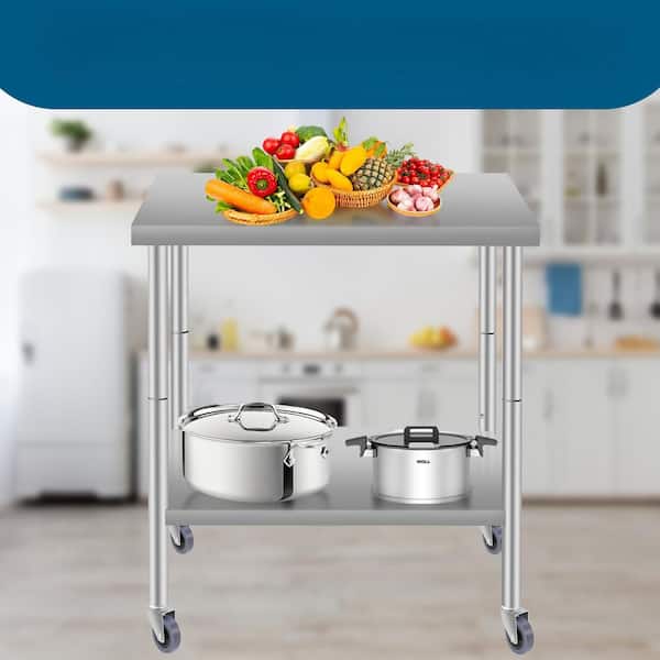Otryad Commercial Work Table for Restaurant and Home Stainless Steel Kitchen Prep Table with Wheels in Silver