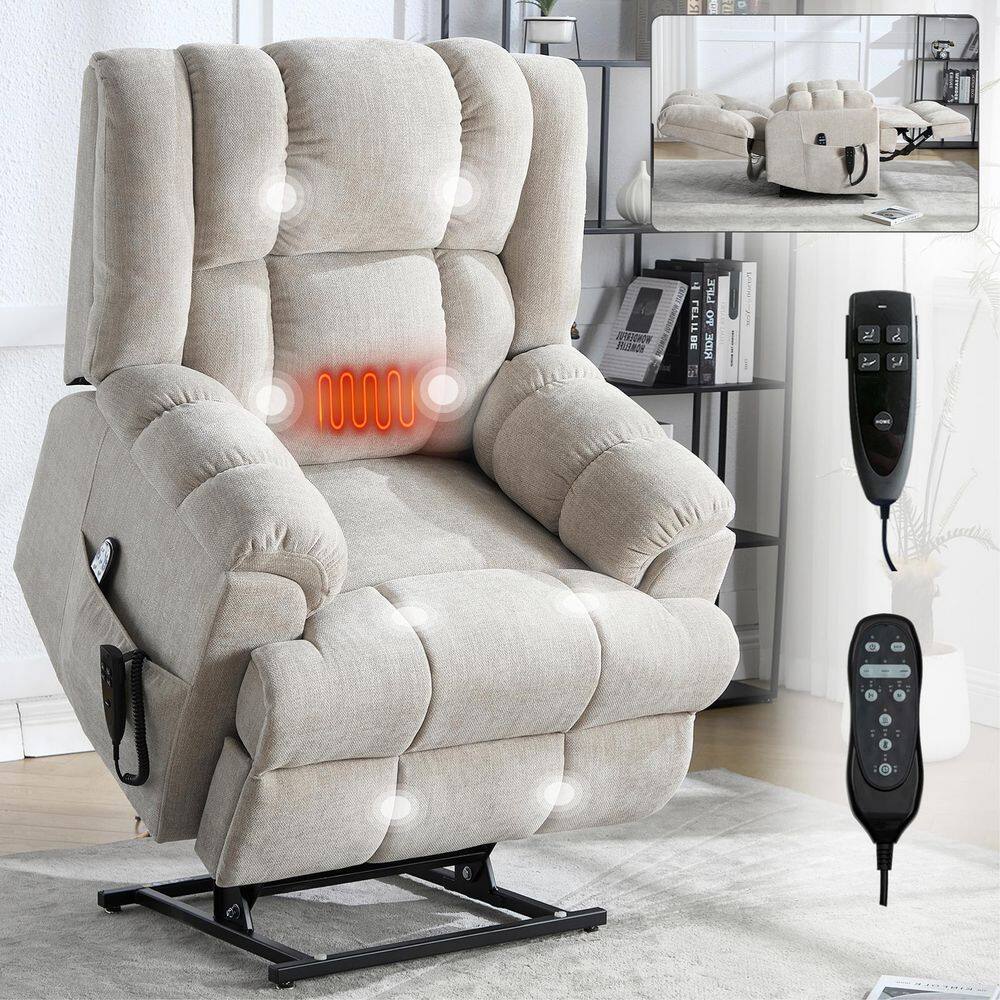 Beige Dual Motor Heat Massage Chenille Power Lift Recliner with Medium-firm