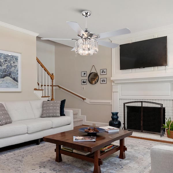 Shellie 52 in. Indoor Modern Downrod Mount Chrome Crystal Ceiling Fan with Light Kit and Remote Control
