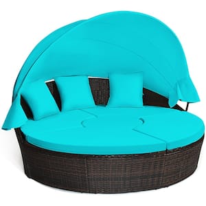 Patio Wicker Outdoor Day Bed with Turquoise Cushions Adjustable Table Top Canopy