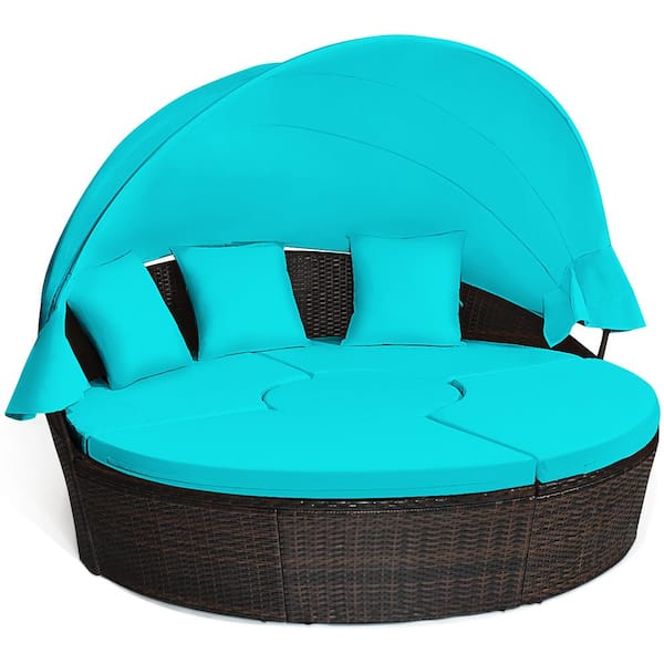 Costway Patio Wicker Outdoor Day Bed with Turquoise Cushions Adjustable Table Top Canopy
