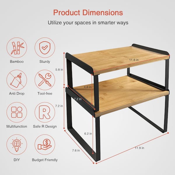 Anqtovp 4-Shelf Black Bamboo Expandable Stackable Cabinet