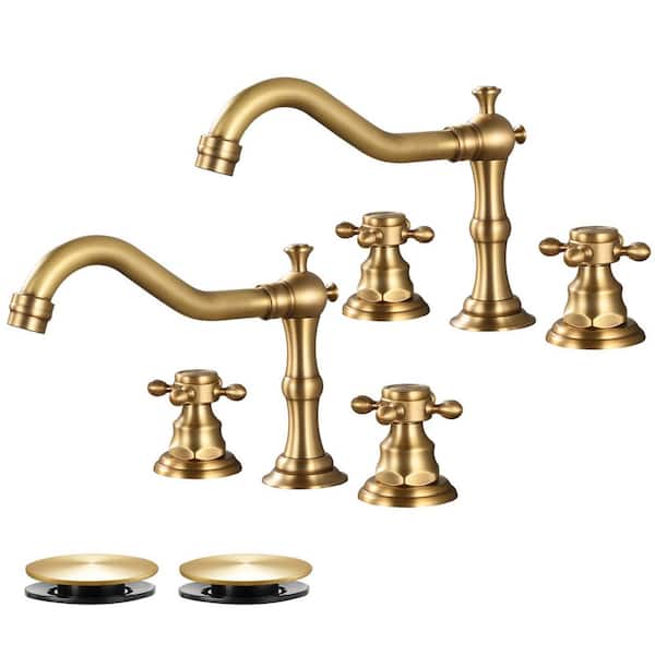 Double Handles 8 in. Widespread Bathroom Faucet 3-Hole Sink Faucet with Pop-Up Drain in Antique Brass (2-Pack)