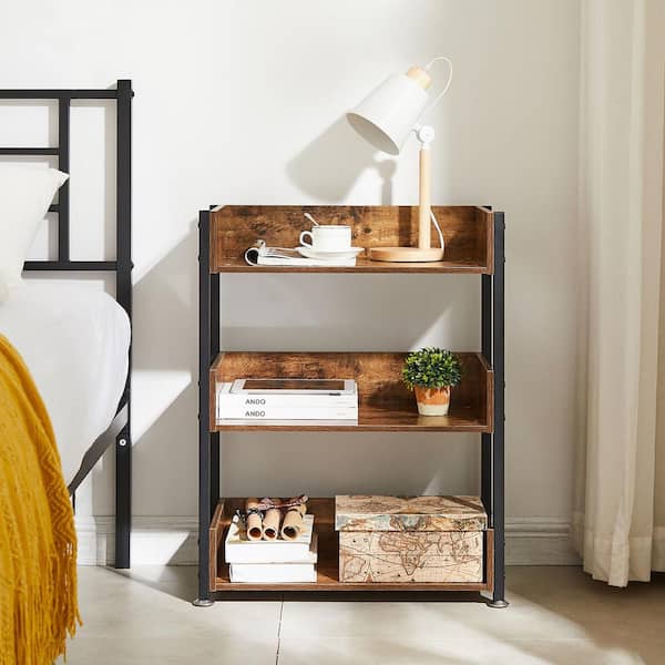 VECELO 30 in. Compact 3-Tier Bookshelf, Rustic Wood Storage Organizer with Steel Frame for Home or Office Brown