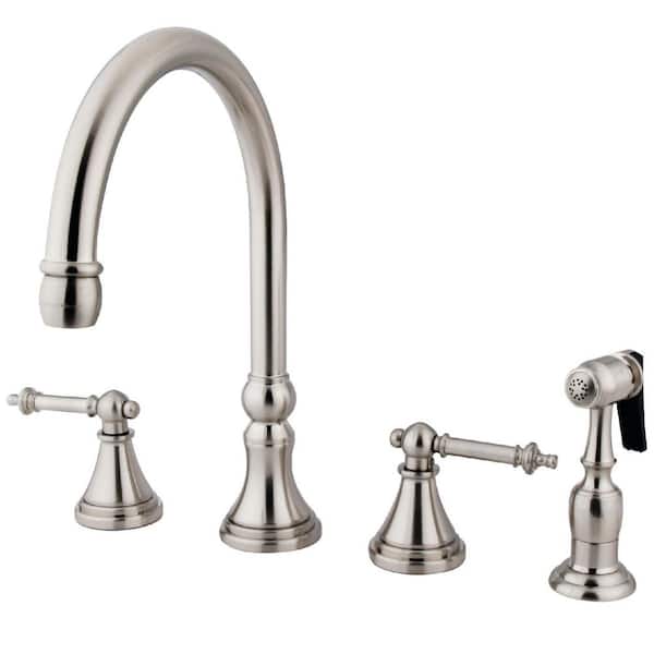 Kingston Brass Templeton 2-Handle Deck Mount Widespread Kitchen Faucets with Brass Sprayer in Brushed Nickel