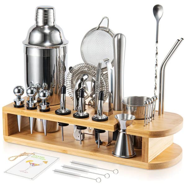 Wudkey 26-Piece Silver Stainless Steel Bar Tool Set, Cocktail Shaker Jigger Mudller Utility Cup Included