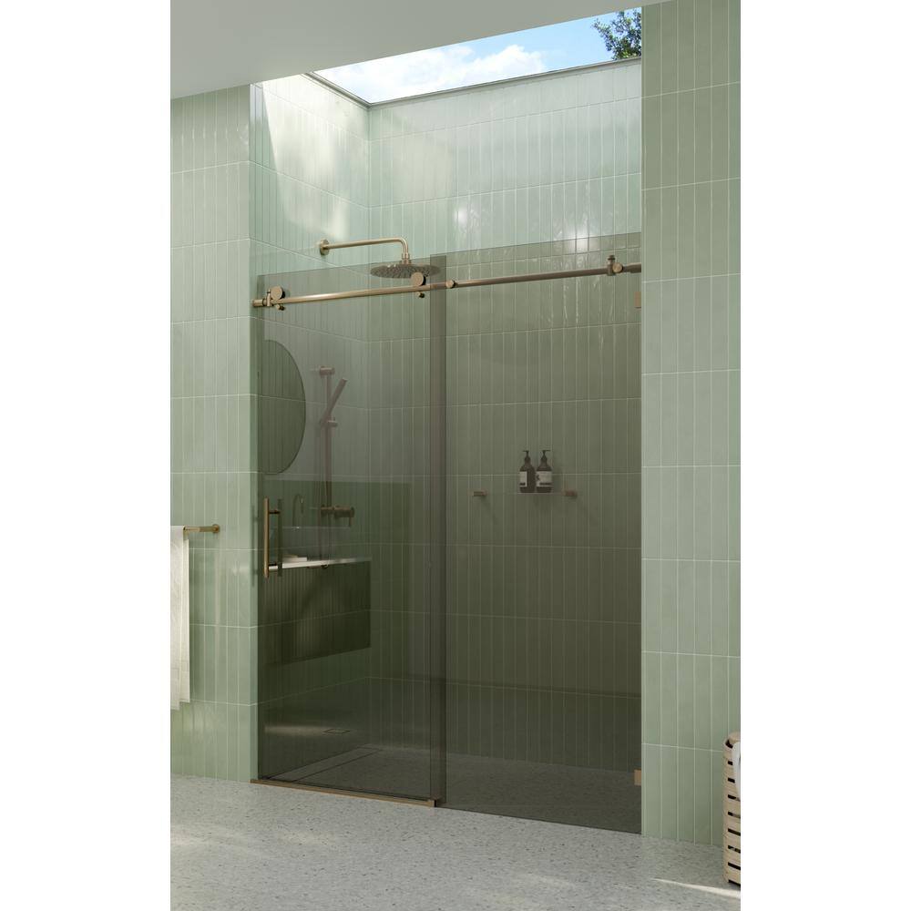 Equinox 60" Frameless Gray Tinted Glass Sliding Shower Door with Brushed Bronze Hardware