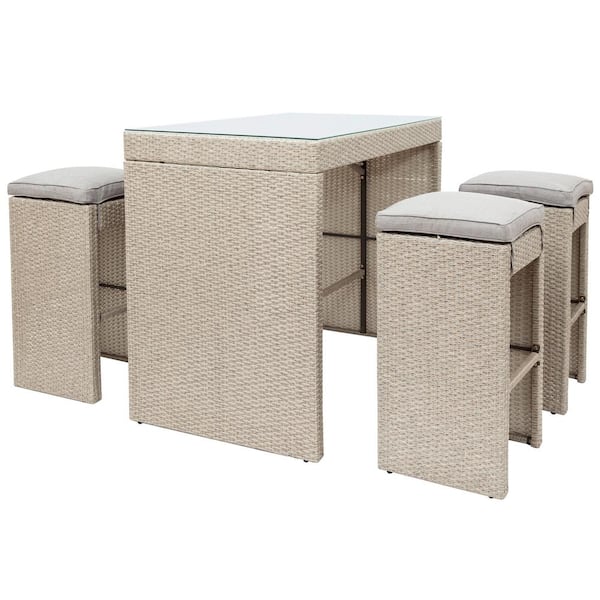 Zeus & Ruta 5-Piece Rattan Wicker Outdoor Dining Bar Height Table Set with 4 Brown Wicker Stools, Brown Cushions