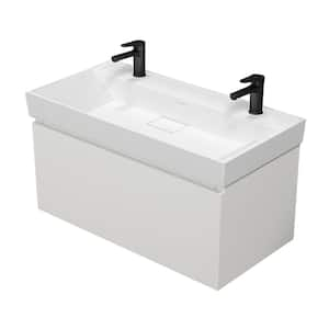 Sharp 39.3 in. W x 18.7 in. D x 22.9 in. H Modern Wall Mounted Bathroom Vanity in Glossy White with White Ceramic Top