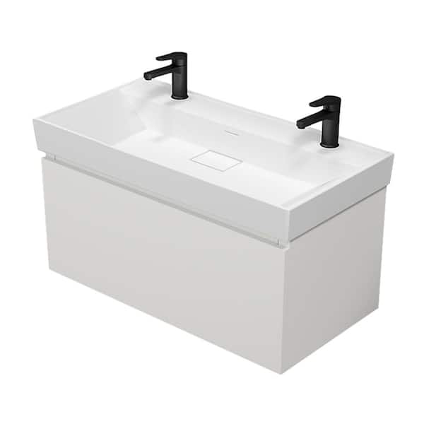 Nameeks Sharp 39.3 in. W x 18.7 in. D x 22.9 in. H Modern Wall Mounted Bathroom Vanity in Glossy White with White Ceramic Top