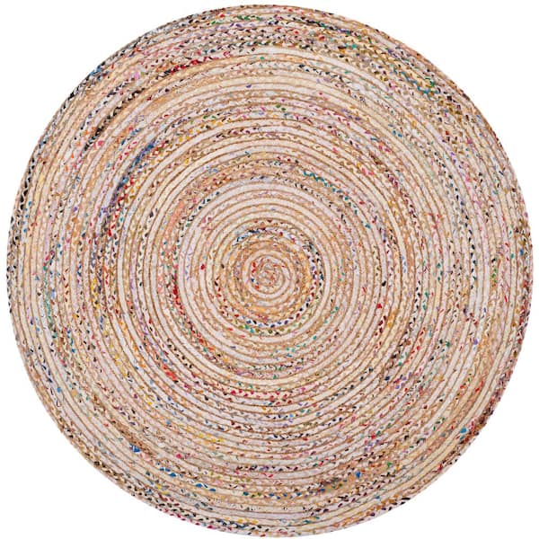 Cape Cod Beige/Multi 9 ft. x 9 ft. Striped Border Round Area Rug