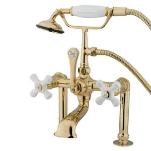 Vintage 3-Handle Deck-Mount Clawfoot Tub Faucets with Hand Shower in Polished Brass
