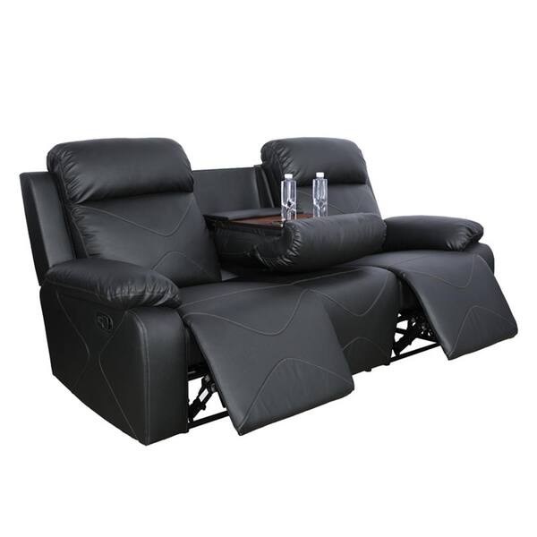 AndMakers 85.5 in. W Pillow top Arm Faux Leather Rectangle Reclining Sofa in. Black