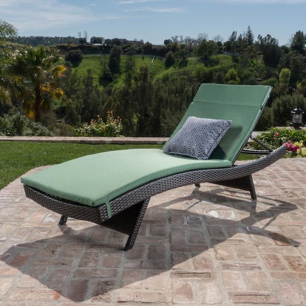 Noble House Miller Multi-Brown Armless Faux Rattan Outdoor Patio Chaise Lounge with Jungle Green Cushion