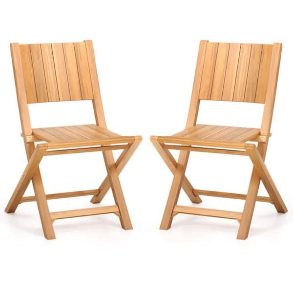 Patio Natural Brown Teak Wood Outdoor Dining Chairs with Slatted Seat Set of 2