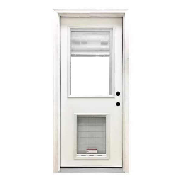 Steves & Sons 32 in. x 80 in. Reliant Series Clear Mini-Blind LHIS White Primed Fiberglass Prehung Front Door with XL Pet Door