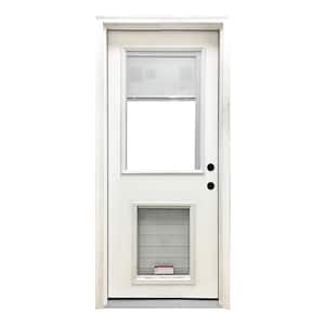 36 in. x 80 in. Reliant Series Clear Mini-Blind LHIS White Primed Fiberglass Prehung Front Door with XL Pet Door