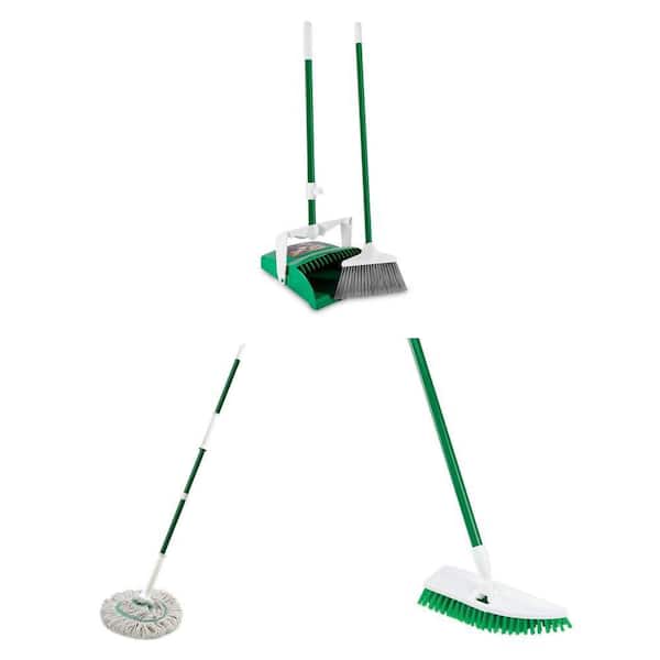 12 in. Lobby Broom and Dustpan Set, Tornado Cotton Twist Mop, and No Knees Floor Scrub Brush Combo