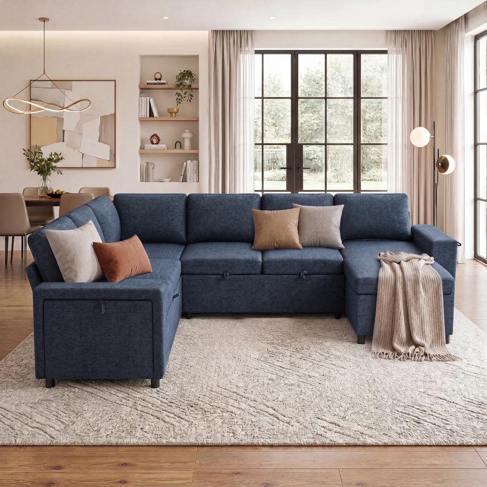 Blue U-Shaped Chenille Upholstered Convertible Sectional Sofa Bed with Storage, USB Charger and Cup Holders price history on PriceWatchPro