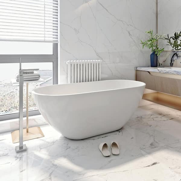 Magic Home 67 in. Acrylic Flatbottom Freestanding Alcove Soaking Bathtub in White and Overflow and Drain