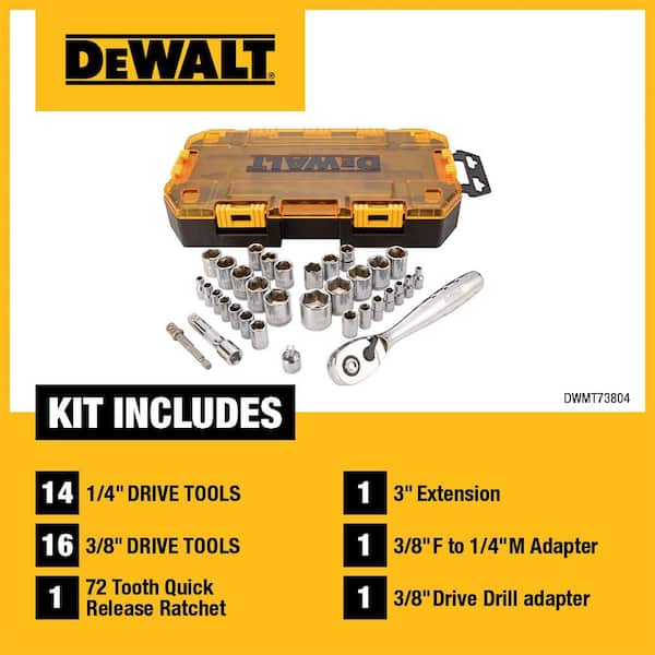 DeWALT 34 Piece Tool Set Kit DWMT45034 Chrome New Sealed 34 pcs 72 TOOTH RATCHET 