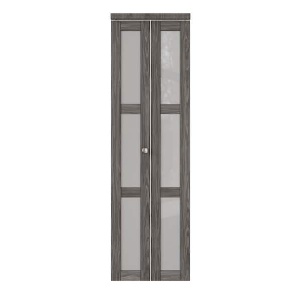 ARK DESIGN 24 in. x 80 in. 3-Lite Frosted Glass Solid Core Dark Walnut Finished MDF Interior Closet Bi-Fold Door with Hardware