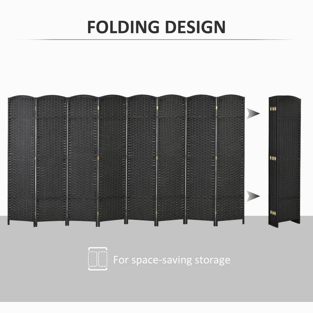 Black 8-Panel Folding Polypropylene Room Divider with Pine Frame